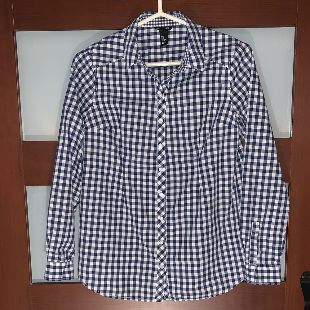H&M MAMA Navy Blue/White Gingham Button Down Maternity Shirt Size Small